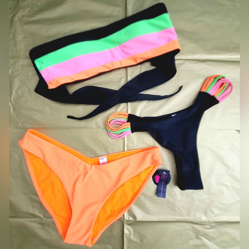 Unbranded NWOT Bandau Neon Stripe Thong Bikini w/NWT No Boundries Bottoms